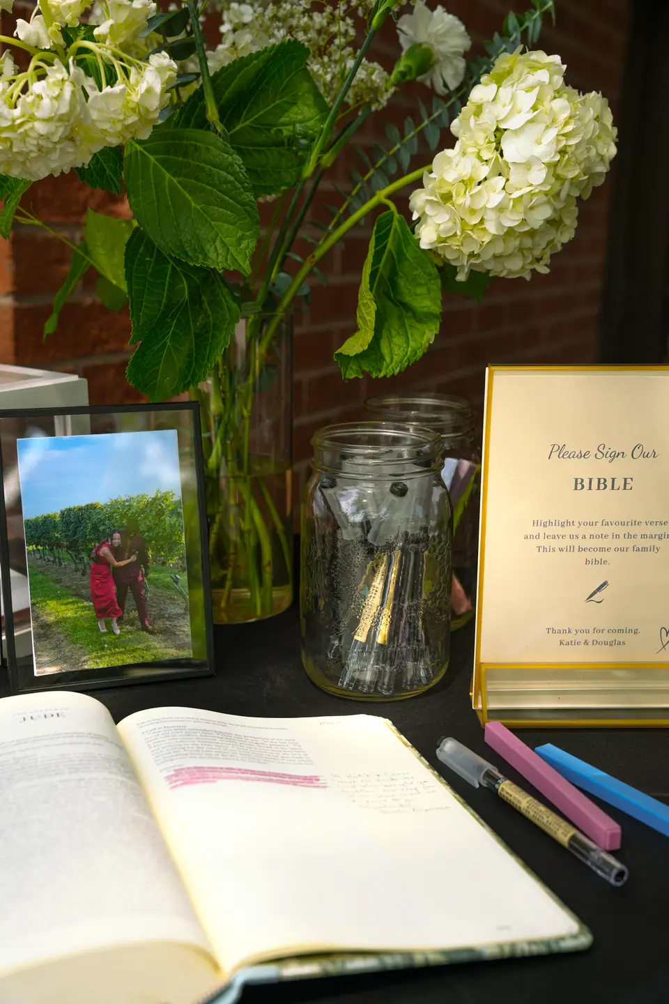 Welcome details and framed signage at the reception